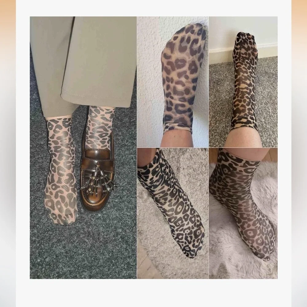 🆕 5 pairs Leopard & Cow Print Sheer Ankle Socks - Pack of Mixed Animal Prints